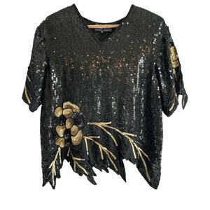 VTG Royal Feelings Medium Silk‎ Beaded Sequined Black & Gold Floral Even Blouse